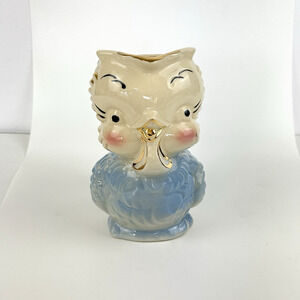Vintage Shawnee Pottery Bird Owl Pitcher Creamer Planter Blue White Gold 6"